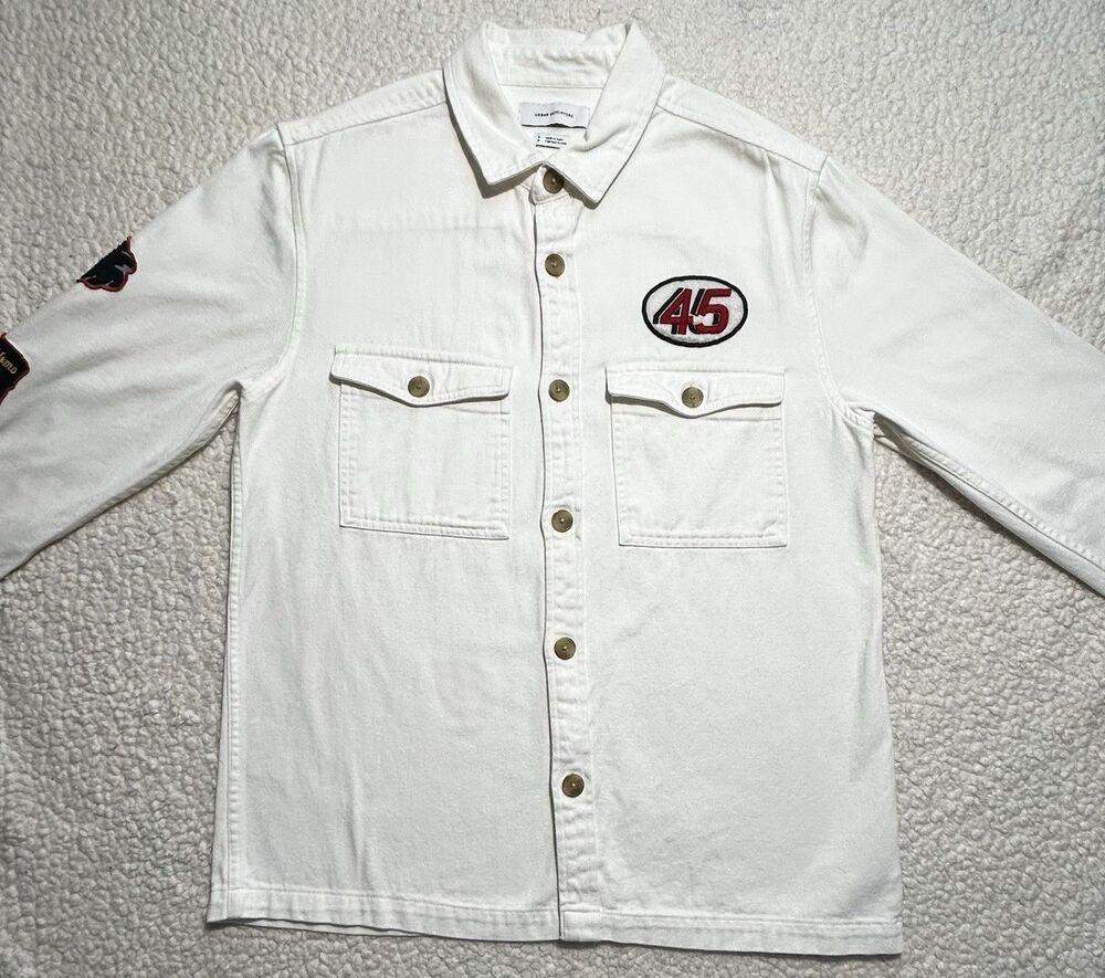 Urban Outfitters White Denim Utility Jacket Patches Streetwear Men Size L